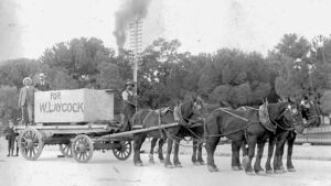 Photo of dray cart with team of horses pulling large stone