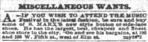 Clipping of an advertisement for Solomon Marx’s Shoe Store, “Buy New Styles of Shoes for Music Festival in Music Hall,” from The Cincinnati Enquirer, May 14, 1878