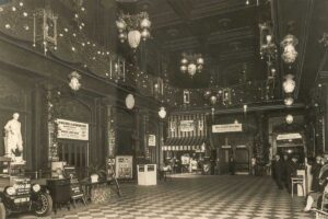 Photo from 1928 of the Main Foyer and doors to the North Wing, set up for the Jubilee Exposition