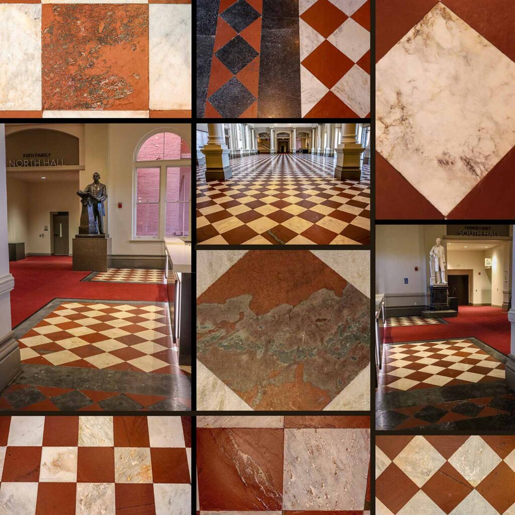 A montage of views of the restored tiles in the foyer of Cincinnati Music Hall.