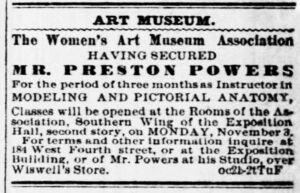 AD for WAMA, Preston Powers Instructor of Modeling & Pictorial Anatomy, Music Hall, South Hall, Cincinnati Enquirer, p.5.
