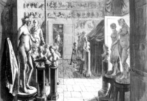 Interior Powers Studio, right: Eve, Greek Slave, Everette, Fisher Boy, left: California, Webster, Harper’s Weekly, Oct.4, 1873, p. 869.