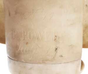 Verso Base, inscribed: “No 19 / P. Powers / Sculp. 1876”, Bust of Senator Charles Sumner (1876), by Preston Powers, Courtesy of Bates College Museum of Art, Gift of the Class of 1883.