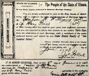 Marriage License, Sampson W. Williams and Mary Price, Chicago, June 9, 1873.