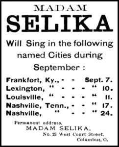 AD, Madame Selika, Tour Schedule, 23 W. Court St., Columbus, O., Cleveland Gazette, Sept. 22, 1888, p.4.