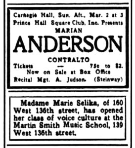 AD, Marian Anderson at Carnegie Hall, Madame Selika at Marin Smith Music School, The New York Age, Feb. 15, 1930, p.7.