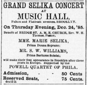 AD, Grand Selika Concert at Music Hall, The New York Freeman, Dec. 19, 1885, p.3.