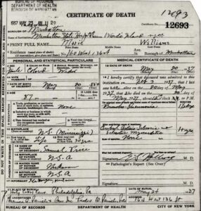 Death Certificate, Marie Williams, Manhattan State Hospital, May 20, 1937.
