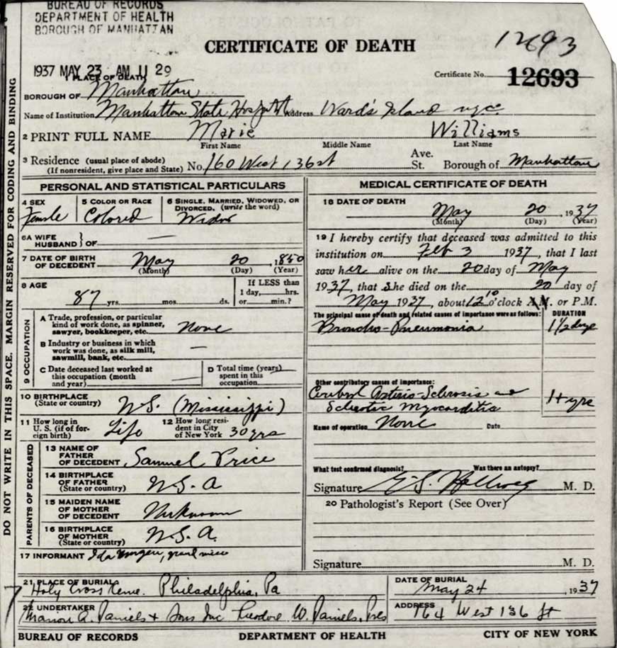 Death Certificate, Marie Williams, Manhattan State Hospital, May 20, 1937.