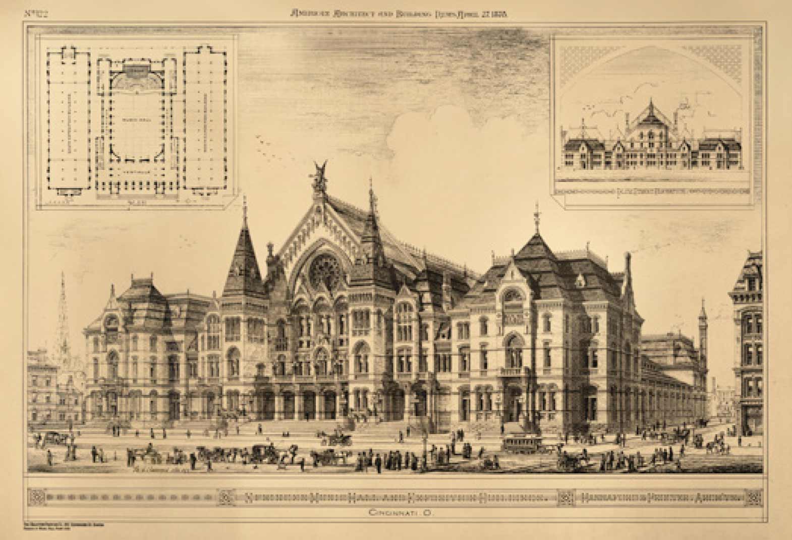 Reproduction of the 1878 W.S. Burrous illustration “Springer Music Hall and Exposition Buildings”