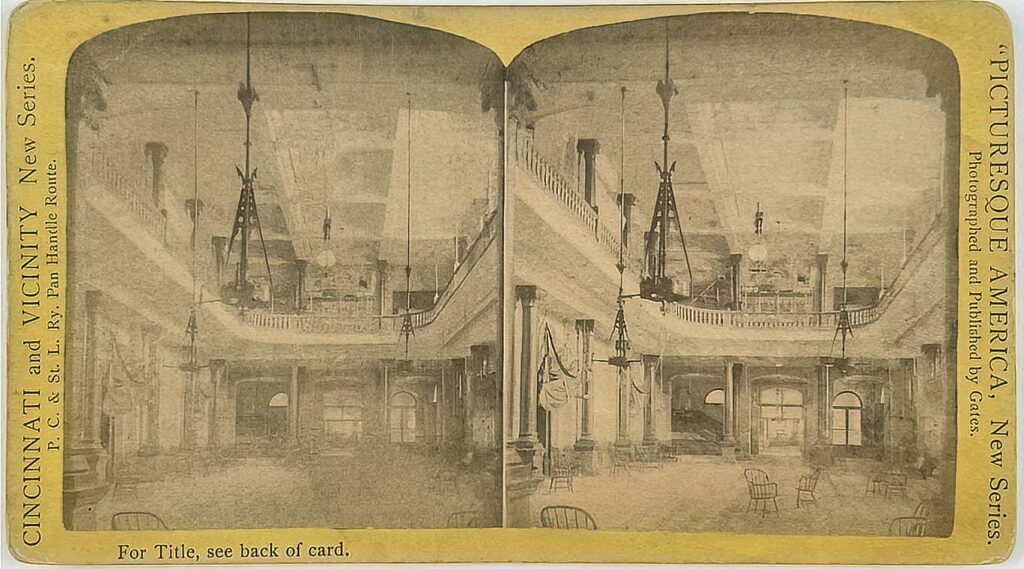 1878c. Music Hall Foyer, Stereocard, by George F. Gates, Picturesque America, New Series, Cincinnati &amp; Vicinity.