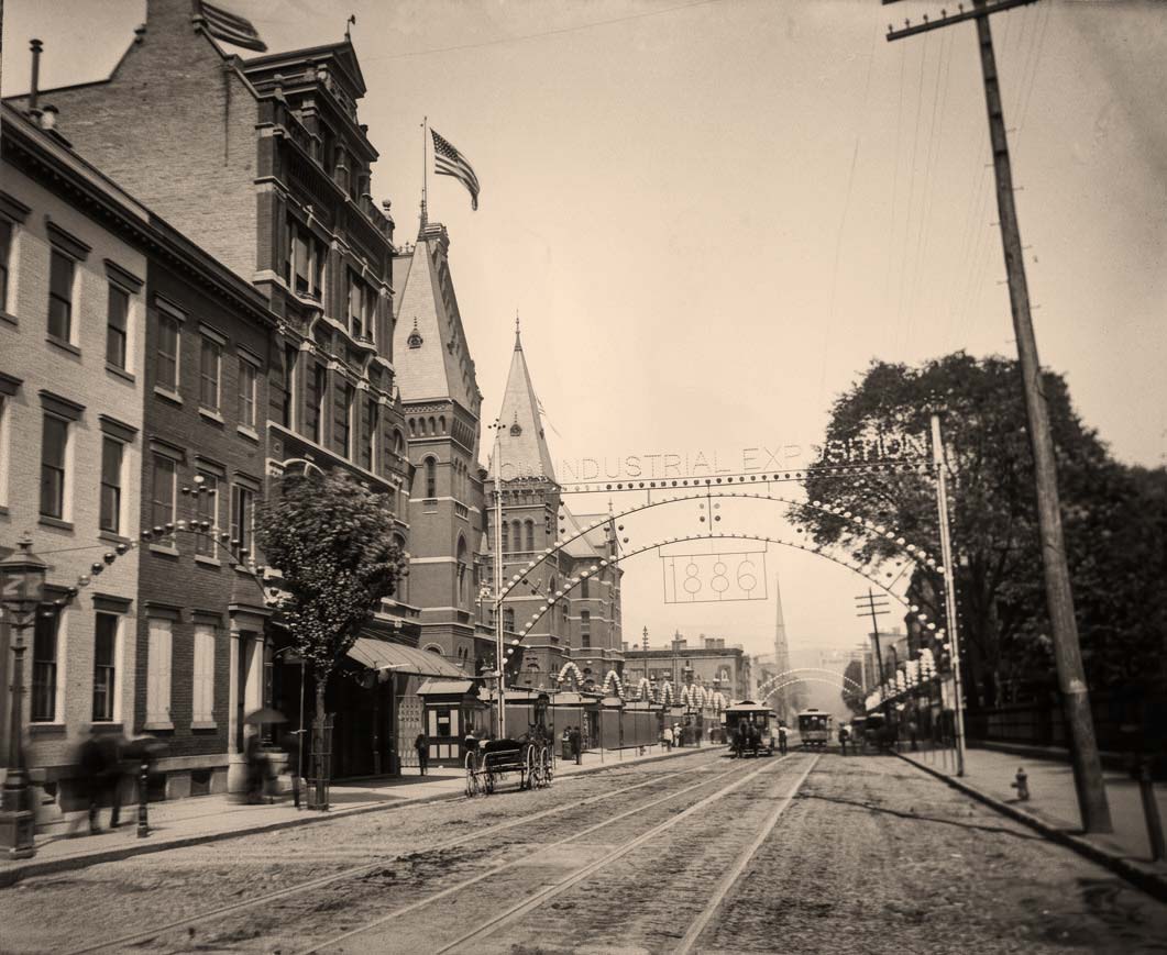 1886 Thirteenth Expo, Gas Light Globes on Arches, Elm Street, Music Hall-Left.