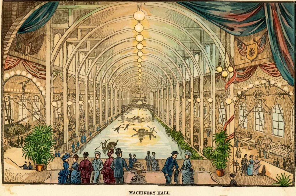 1888 Expo, Machinery Hall, p. 12, colorized with Gemini AI.