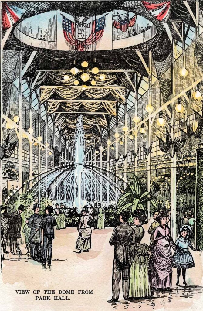 1888 Expo, Park Hall, Fountain, p. 14, colorized with Gemini AI.
