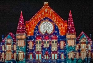 Lumenocity projection onto the Elm Street facade, Music Hall, August 4, 2013