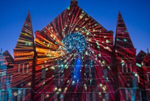 Blink projections on the Elm Street façade of Cincinnati Music Hall, October 7, 2024