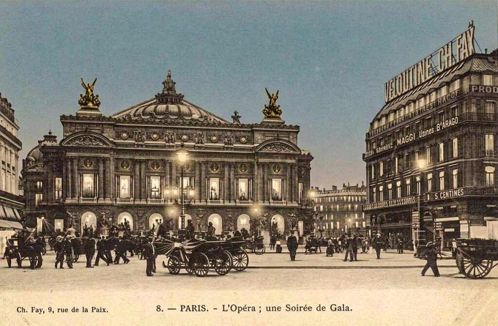 Place de l'Opéra, Palais Garnier, Bibliothèque Historique de la Ville de Paris, postcard, Gemini AI colorized.